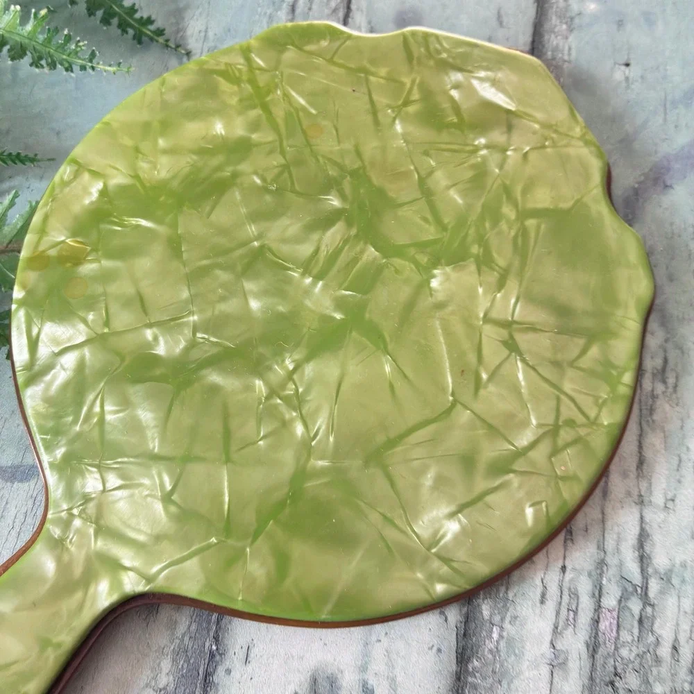 Vintage Heavy Jade Marbleized Hand Mirror, Beveled Glass, 1940s Vanity Decor
